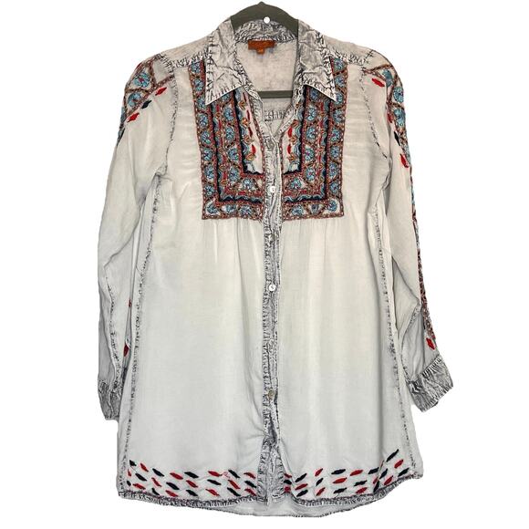 Scully Tops - Scully Blouse Womens Size XS White-Gray Embroidered Button Up LS Western Cowgirl